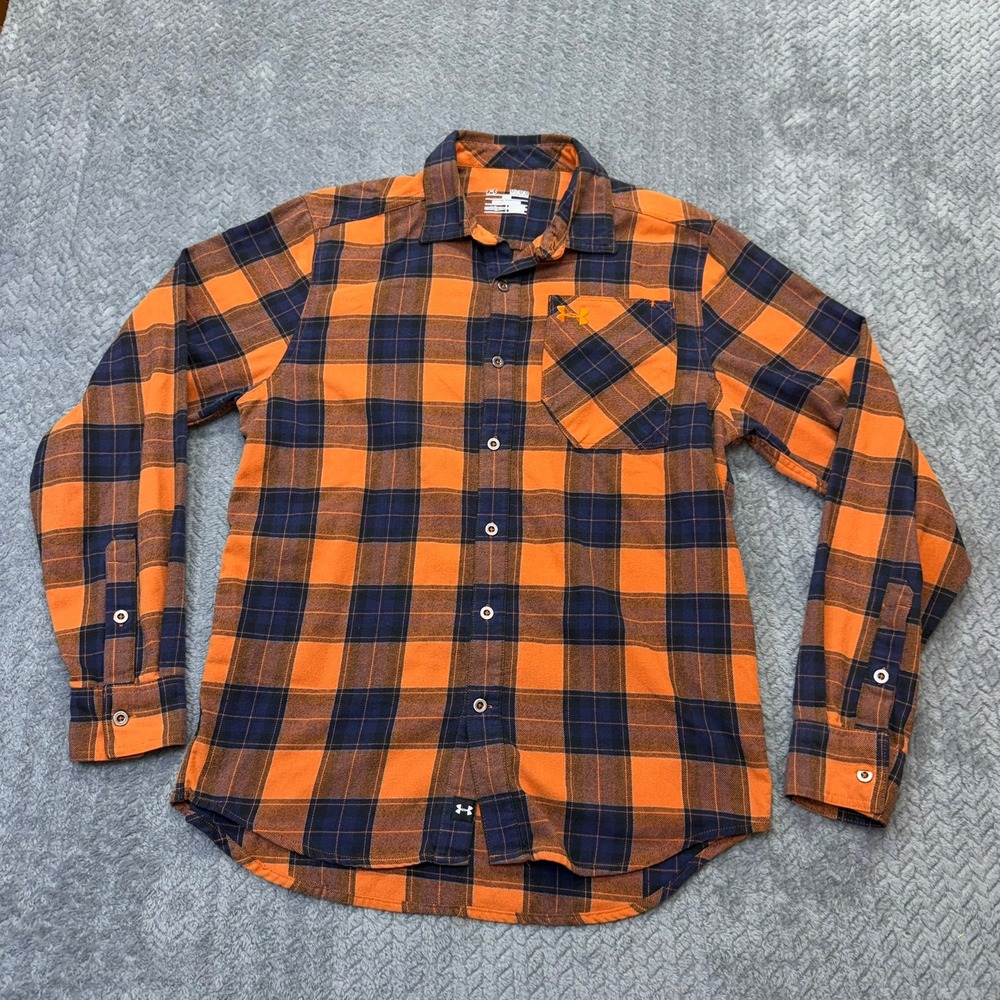 Under Armour Flannel Mens Medium Loose Orange Navy Plaid ColdGear Shirt 1279839